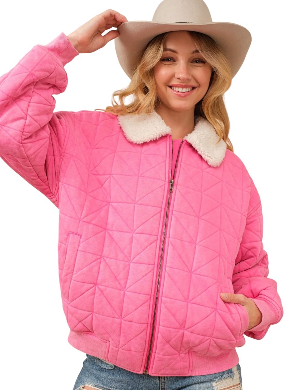 NEW blue b Hot Pink Washed Quilted Cotton Sherpa Collar Zip Up Comfy Fall Jacket